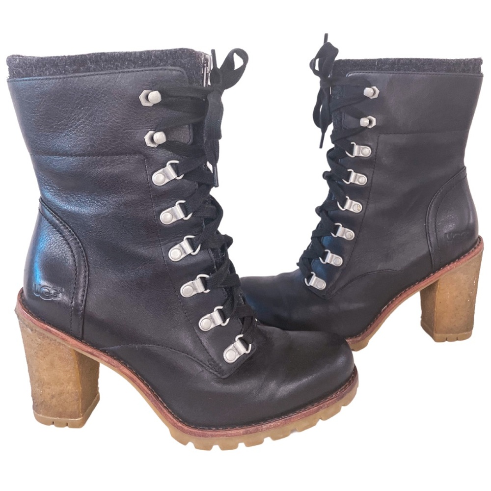 Ugg Fabrice Black Leather Rubber Heeled Lace Up Combat Boots Size 7.5
